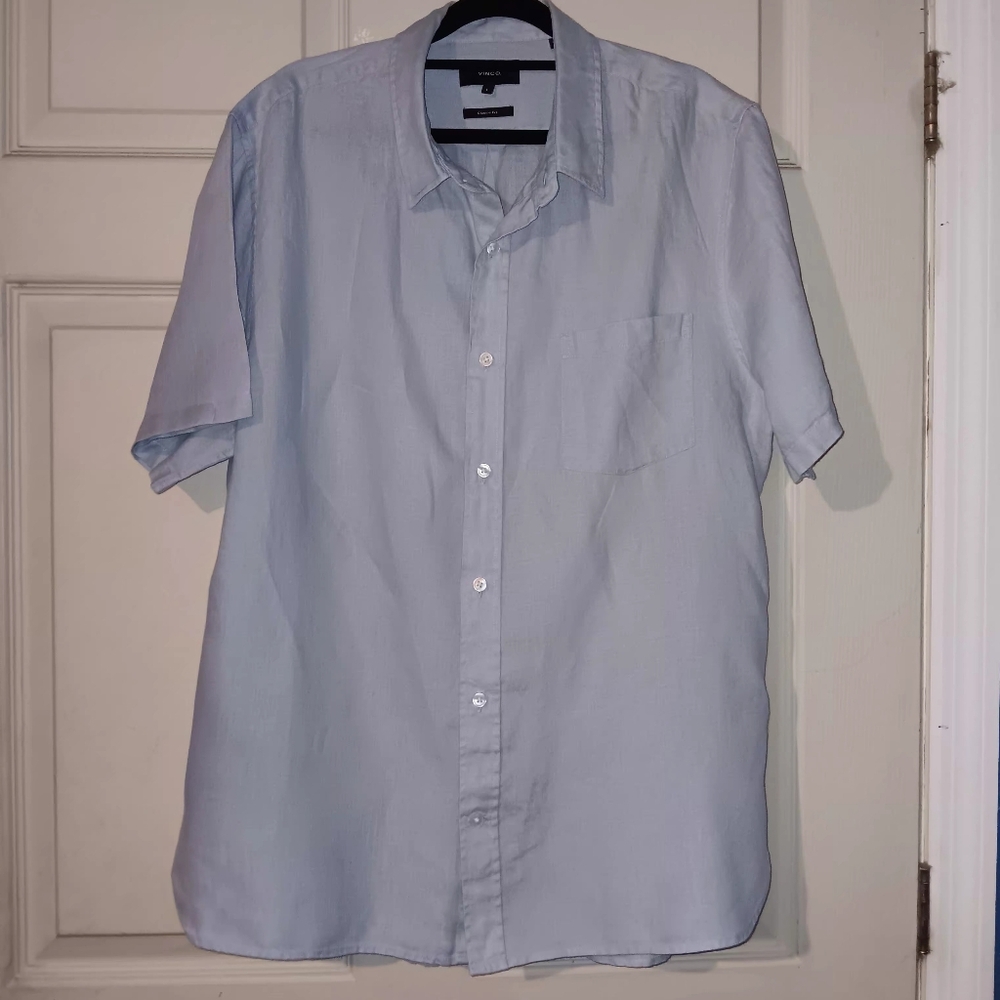 Vince Ice Blue Men's Sz L Linen Button Dowm Short Sleeve Shirt
